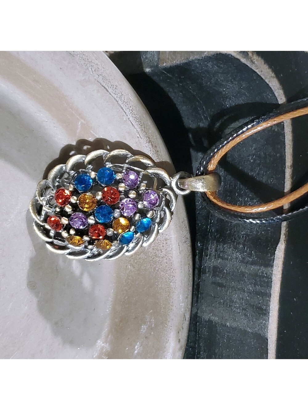 Rustic Antique Bronze Rhinestones Art Deco Oval Pendant Necklace Vegan Leather